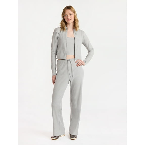 No Boundaries Waffle Knit Tank Top, Jacket, and Pants Set, 3-Piece, Women's