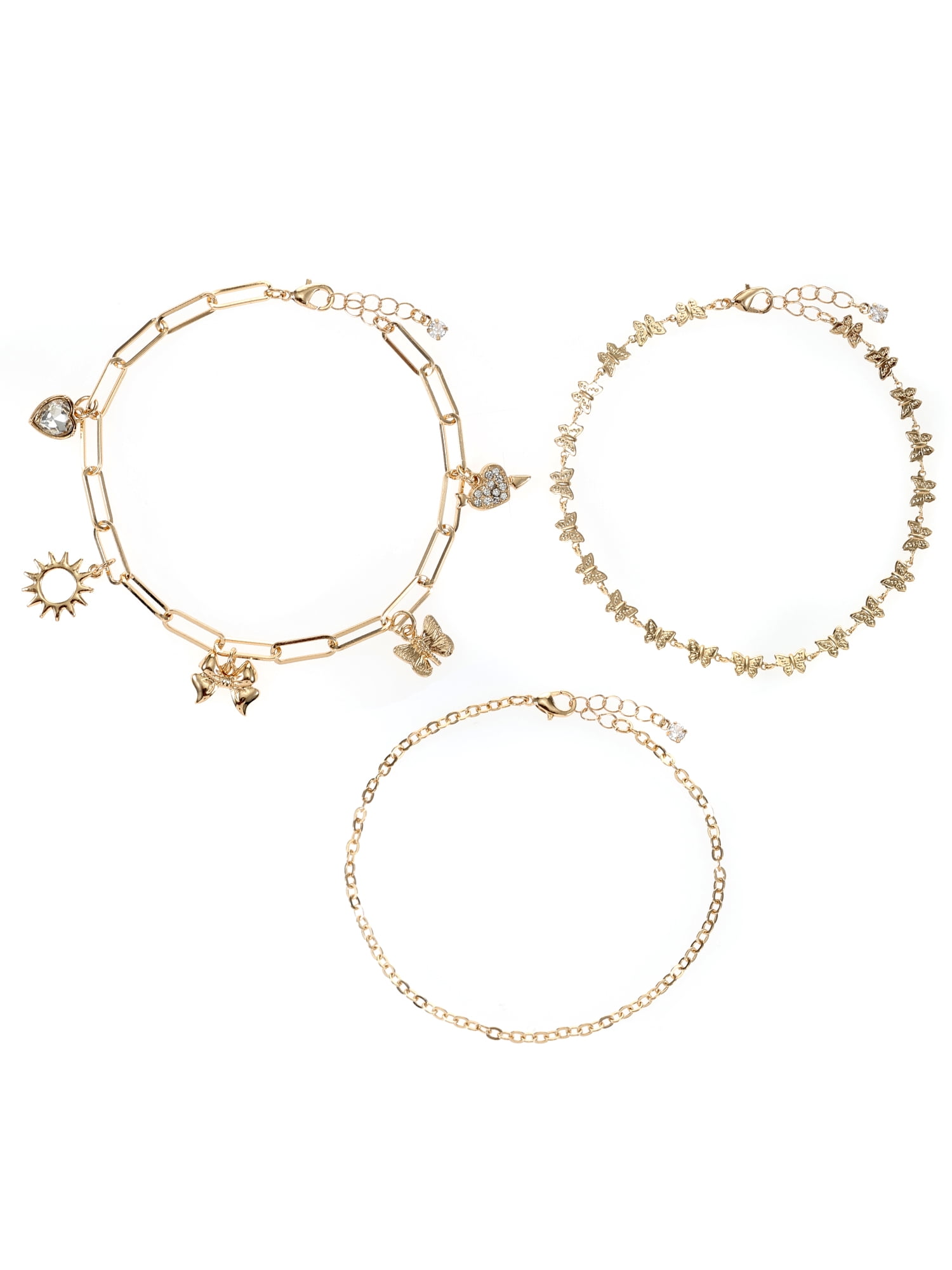 No Boundaries Women's Gold Charm Anklet Set, 3 Pieces