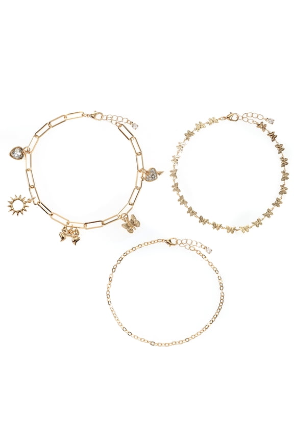 Women's Gold Charm Anklet Set, 3 Pieces