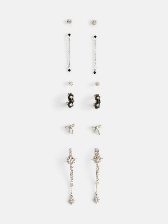 Womens Silver Plated Assorted Black Stone Earrings Pack, 6 Pairs, One Size