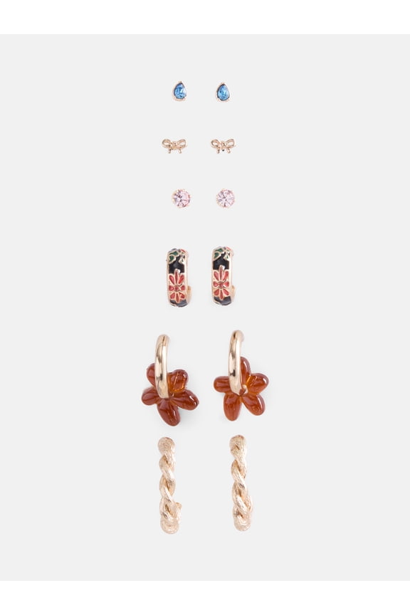 Flower and Bow Earring Set, 6-Pairs, Women's