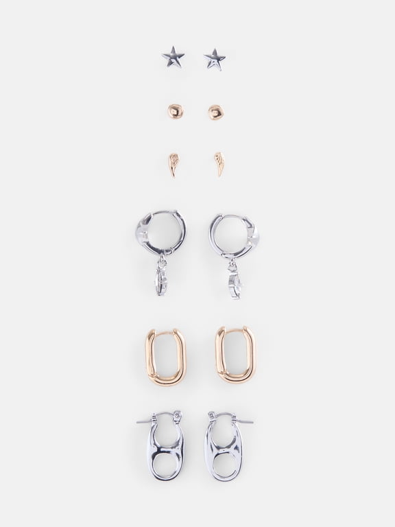 Hoop and Star Earring Set, 6-Pairs, Women's