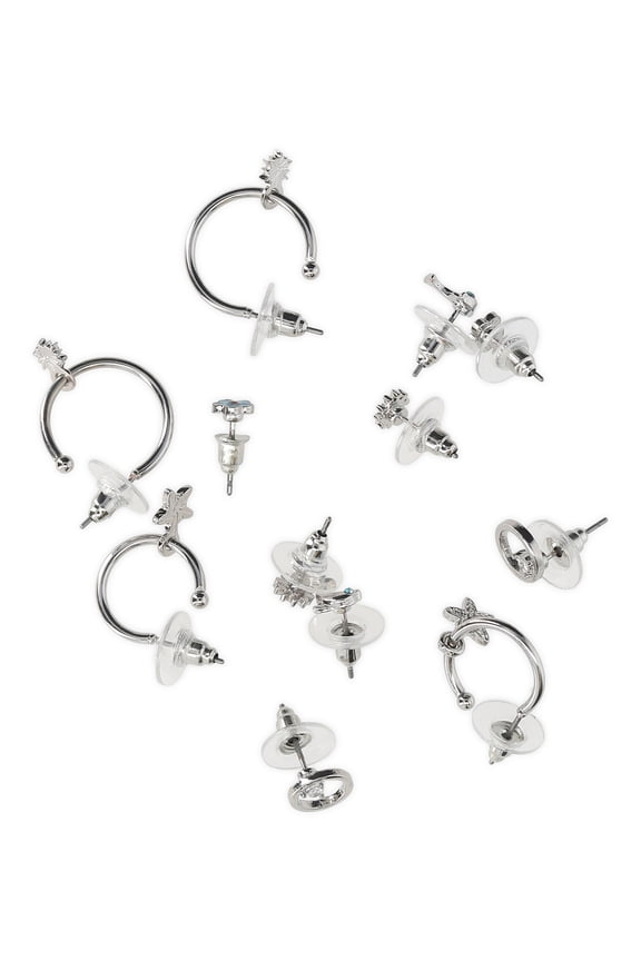 Women's Assorted Silver Tone Flower Earrings, 6 Pack