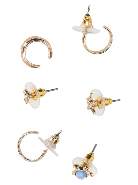Women's Assorted Gold Tone and Blue Tone Turtle Studs, Hoops and Ear Cuffs, 6 Pairs
