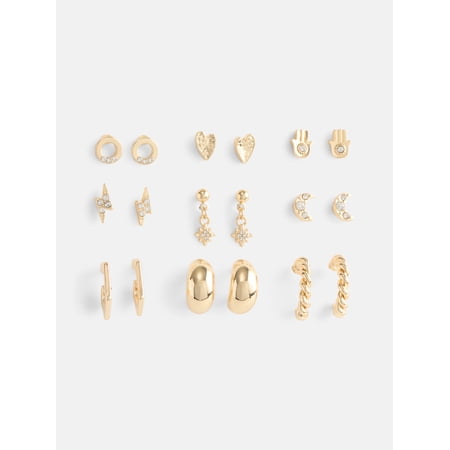 No Boundaries Women's Gold-Tone Stone Hand Twist Hoop Multi Earrings Set, 9-Pairs