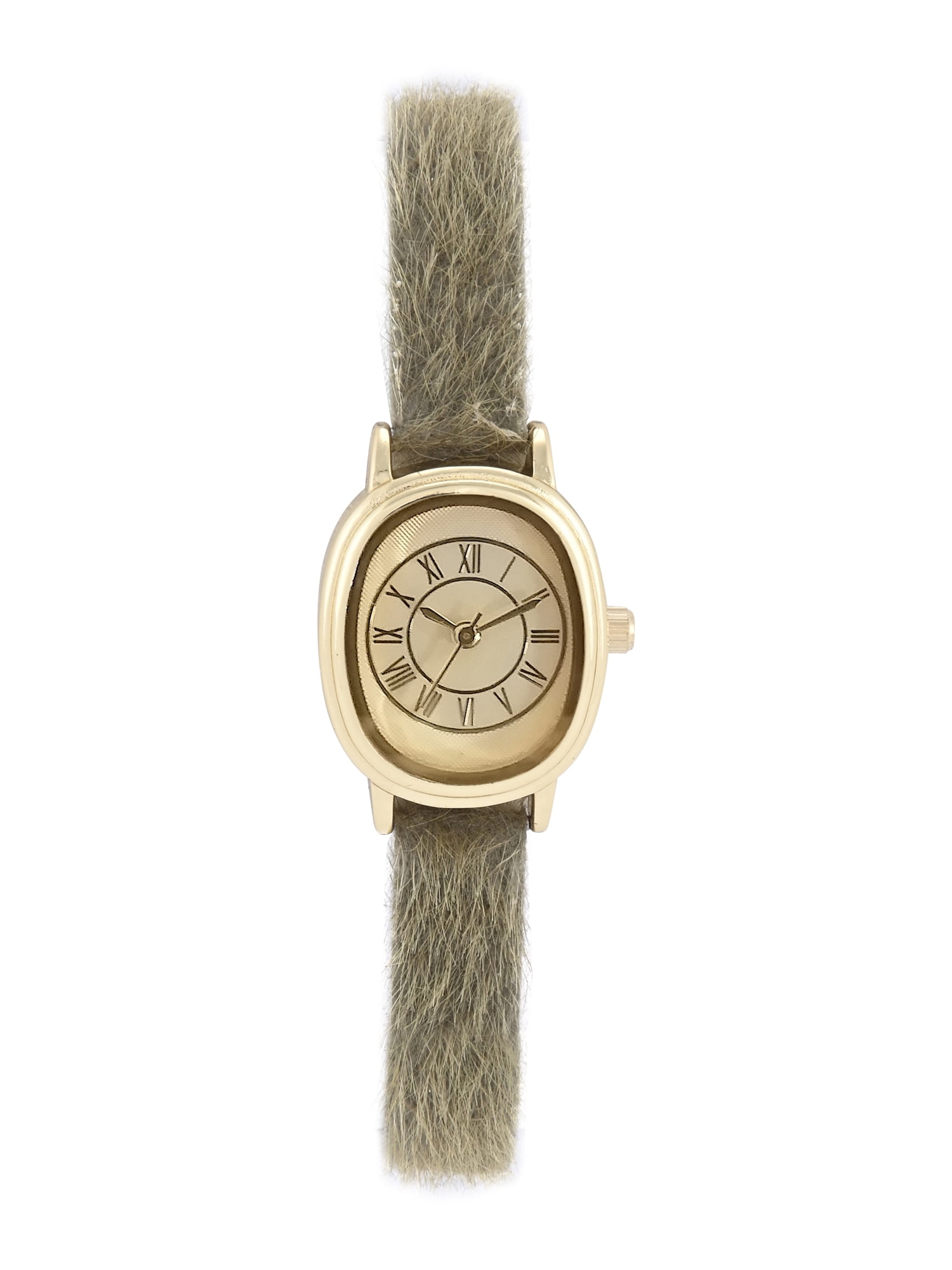 Adult Female Goldtone Cushion Case Watch with Olive Pony Hair Strap Watch.