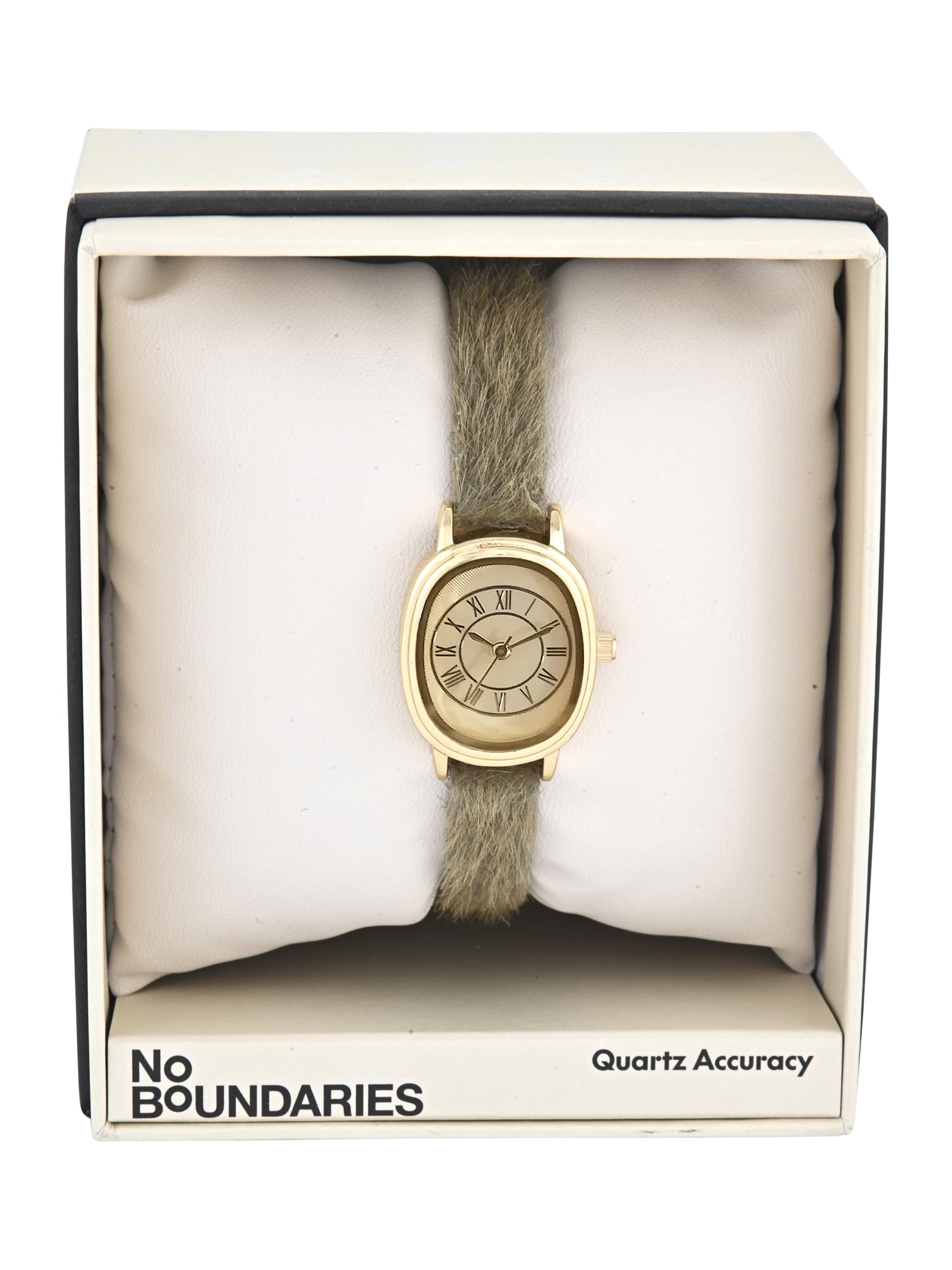 No Boundaries Adult Female Goldtone Cushion Case Watch with Olive Pony Hair Strap Watch.