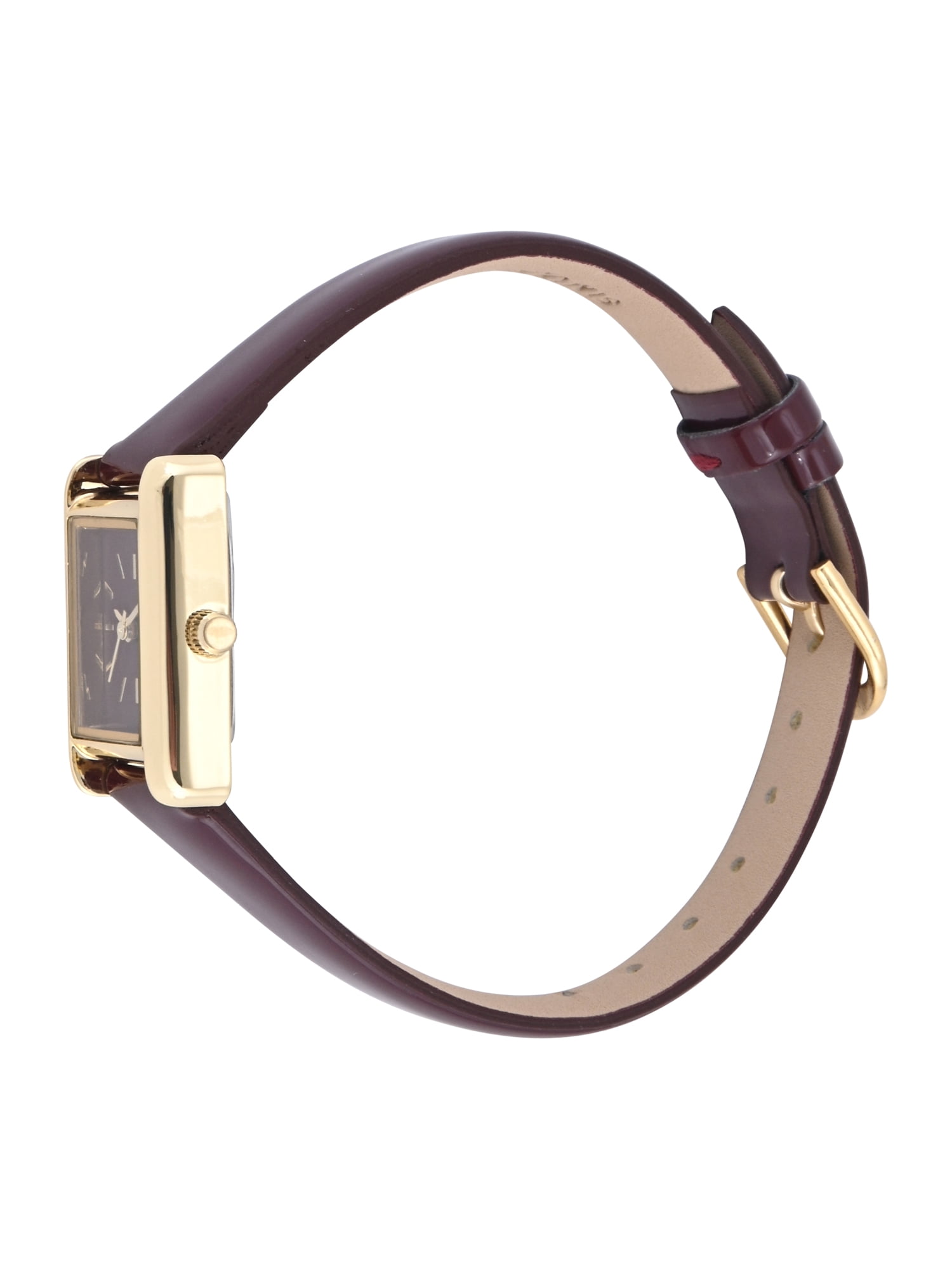No Boundaries Adult Female Goldtone Rectangular Case Watch with Monochramatic Burgundy Patent Strap.