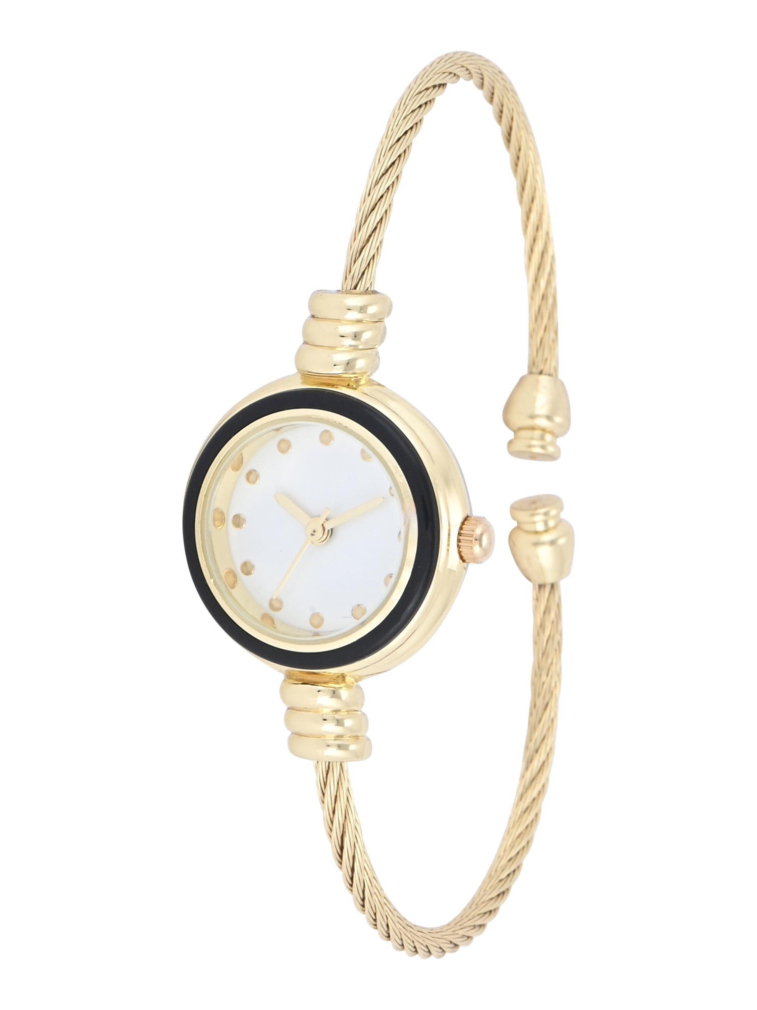 No Boundaries Adult Female Goldtone Round Case Watch with Black Enamel Bezel and Cable Bangle Bracelet.