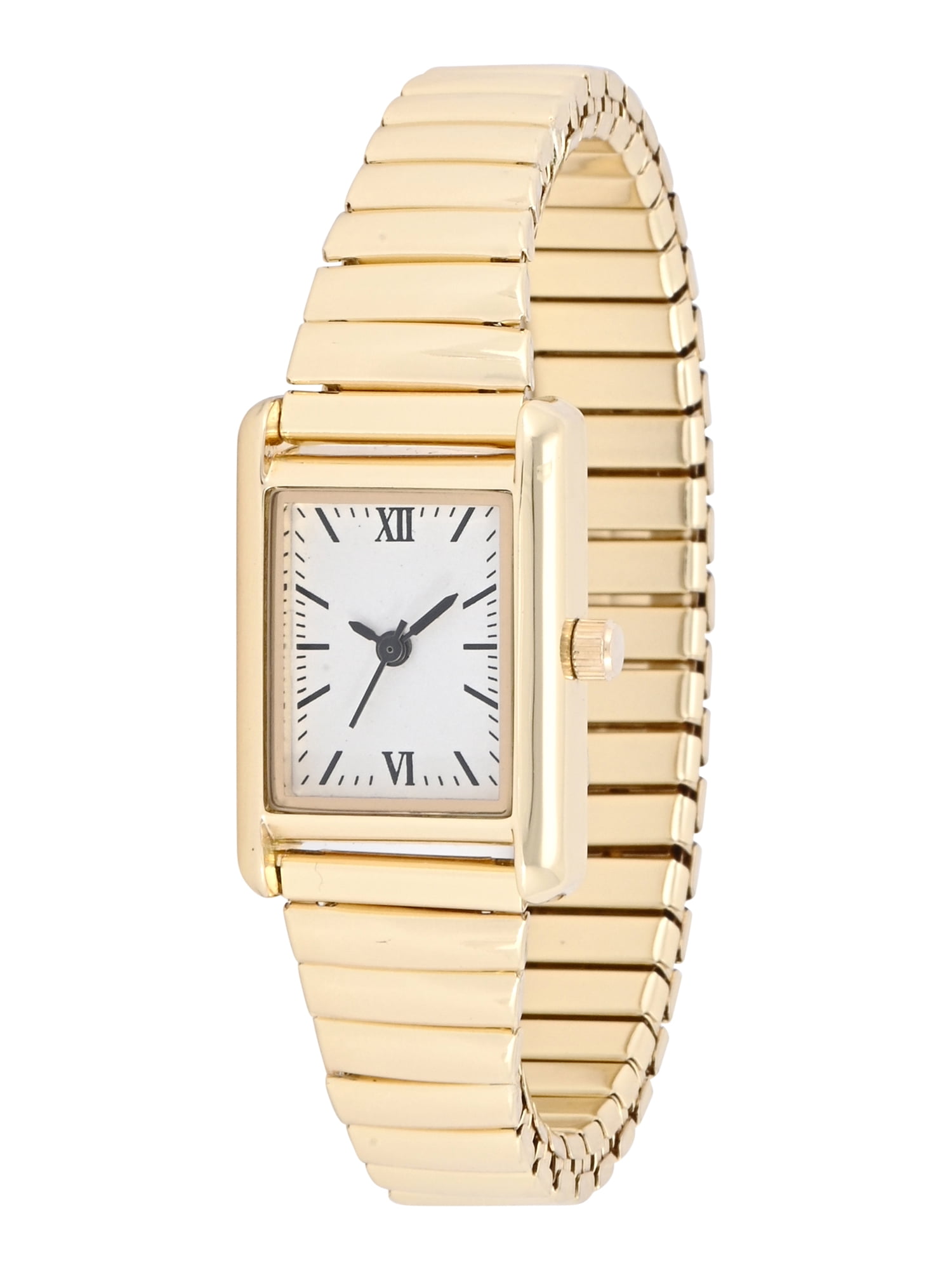 Adult Female Goldtone Tank Case Watch with Gold Link Bracelet.