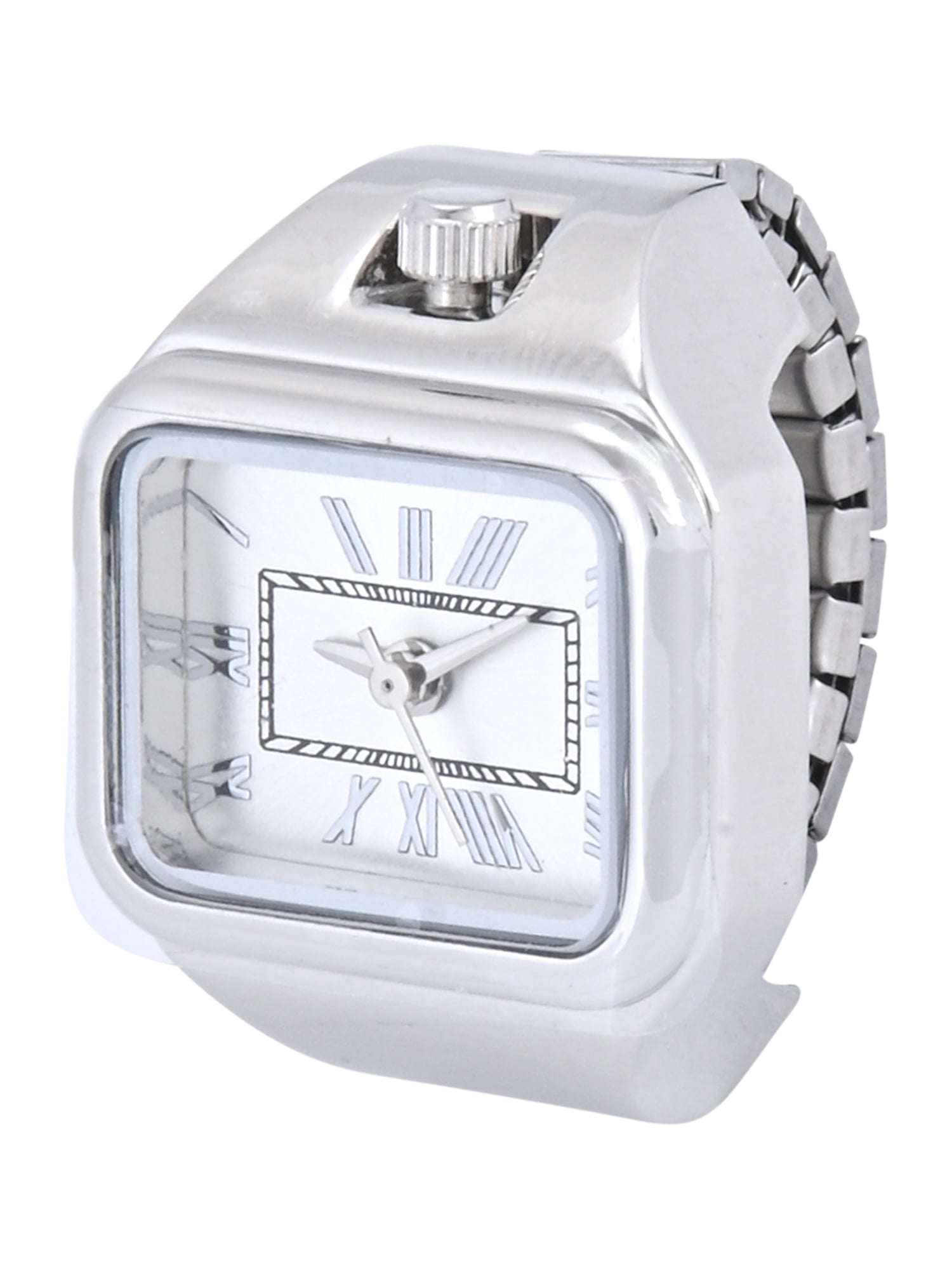 Adult Female Silvertone Square Case Ring Watch with Roman Numerals.
