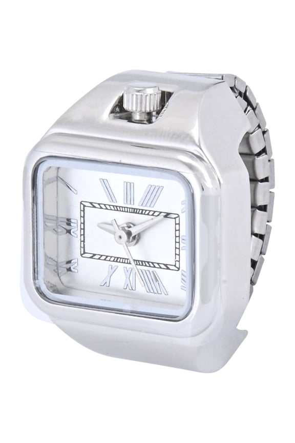Adult Female Silvertone Square Case Ring Watch with Roman Numerals.