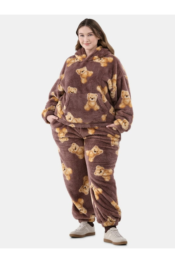 All-Over Print Plush Hoodie and Joggers Set, Women's and Women's Plus