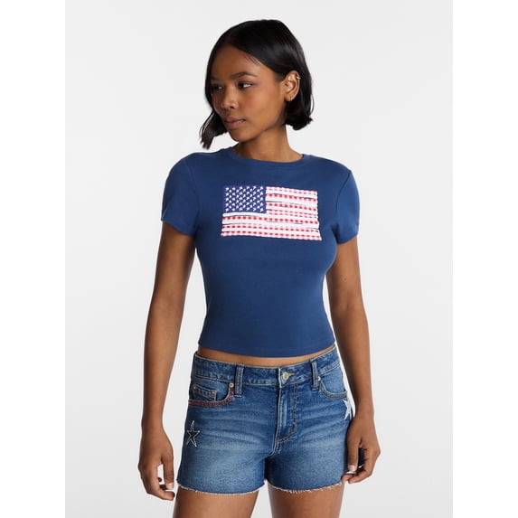No Boundaries Americana Graphic Baby Tee, Women's and Women's Plus XXS-4X
