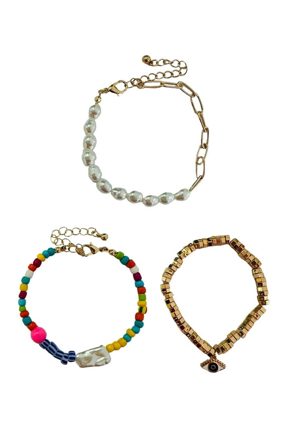 Women's Assorted Gold Plated Bracelets with Multi Colored Beads and Evil Eye Charm, 3 Pack