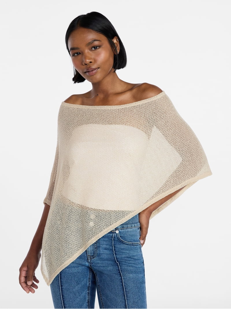 No Boundaries Asymmetrical Hem Knit Poncho Top, Women's XXS-XXL