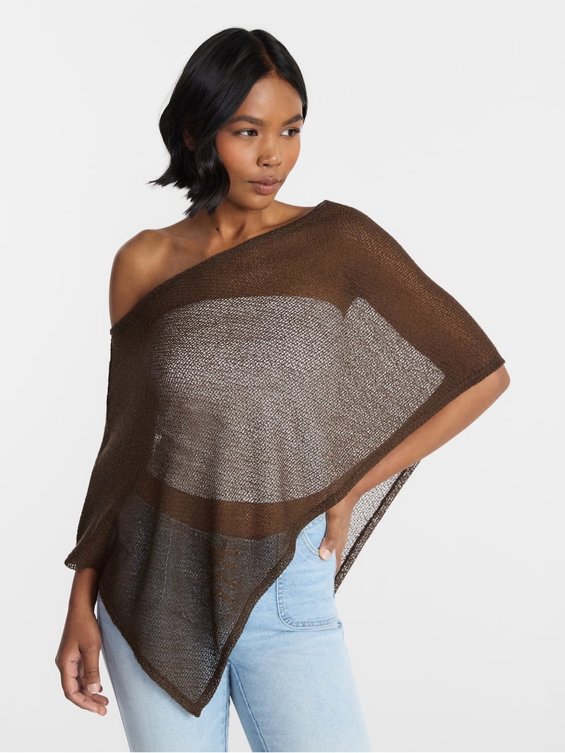 No Boundaries Asymmetrical Hem Knit Poncho Top, Women's XXS-XXL