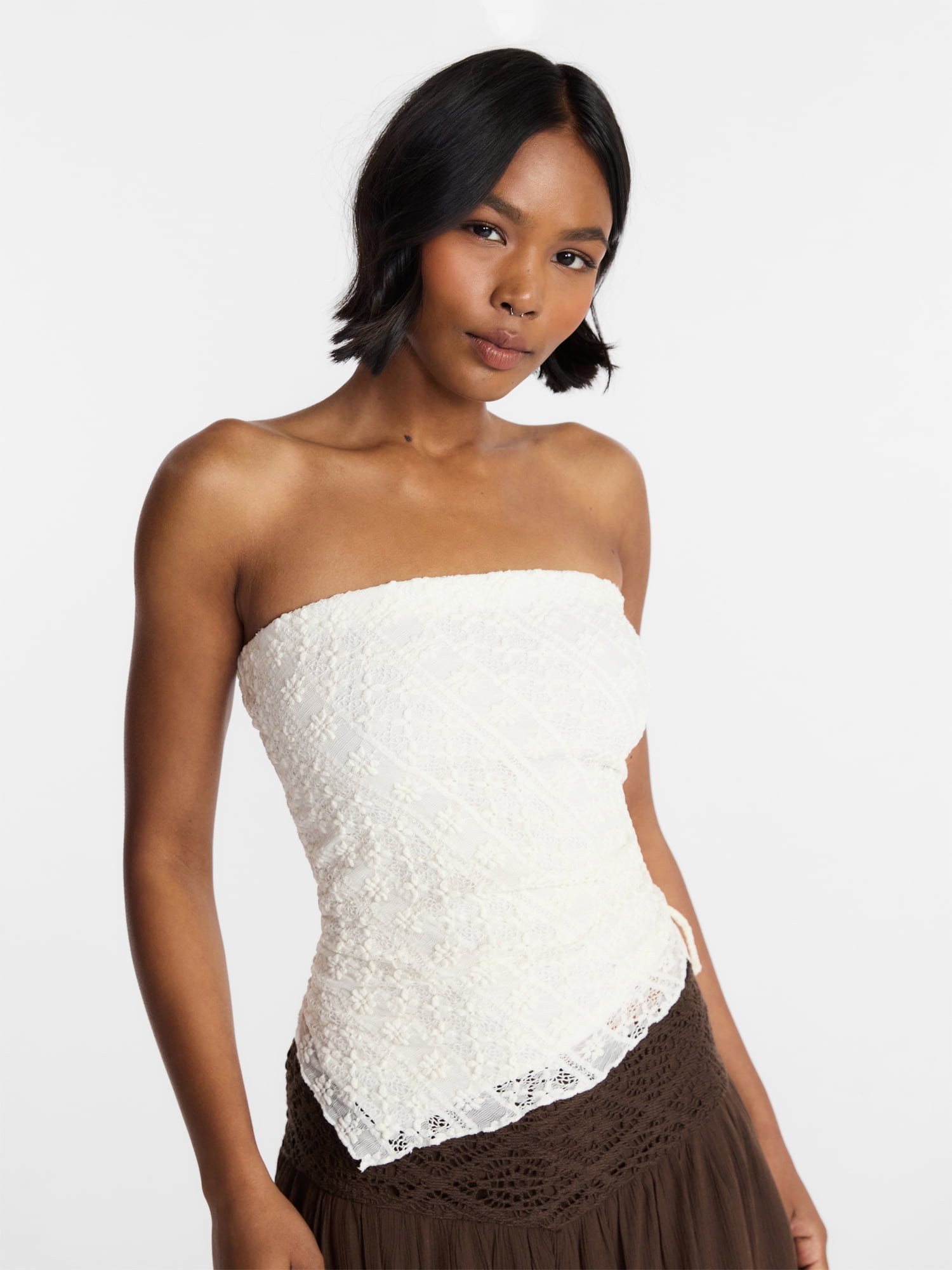 No Boundaries Asymmetrical Lace Tube Top, Women's XXS-XXL