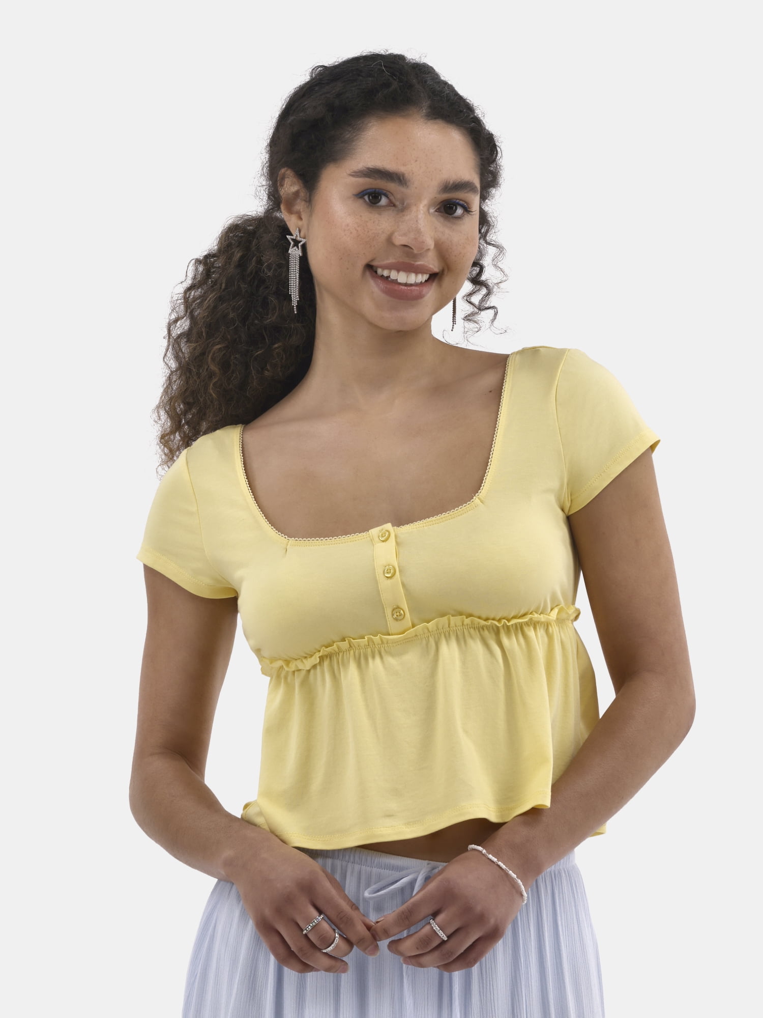 No Boundaries Babydoll Top with Short Sleeves, Women's