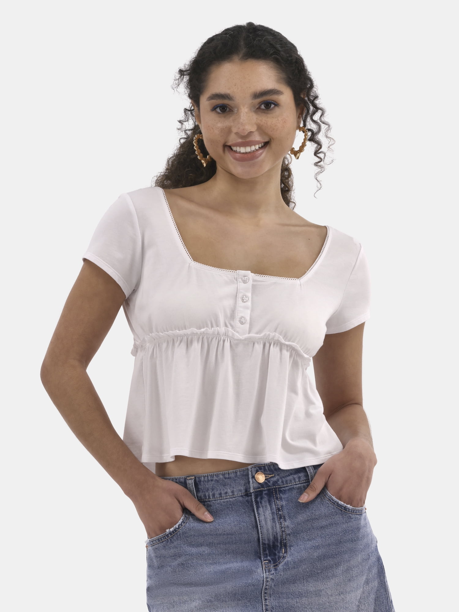 No Boundaries Women's Babydoll Top with Short Sleeves Square Neck