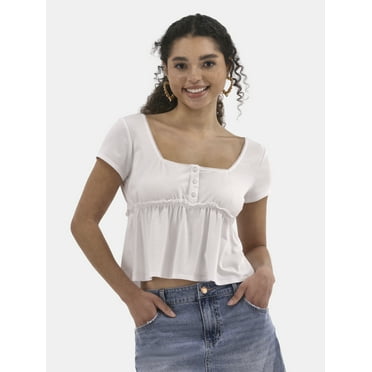 No Boundaries Babydoll Top with Short Sleeves, Women's