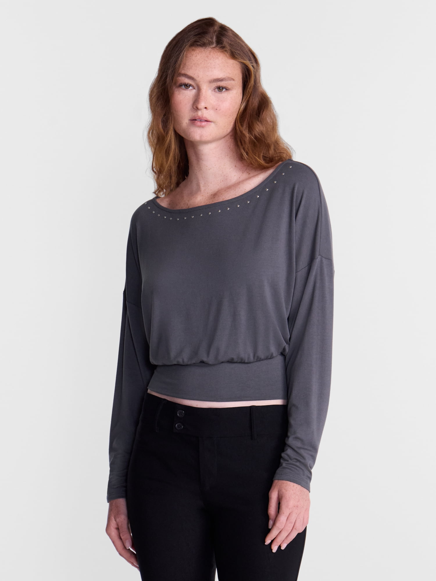 No Boundaries Banded Hem Top with Long Sleeves, Women's XXS-XXL