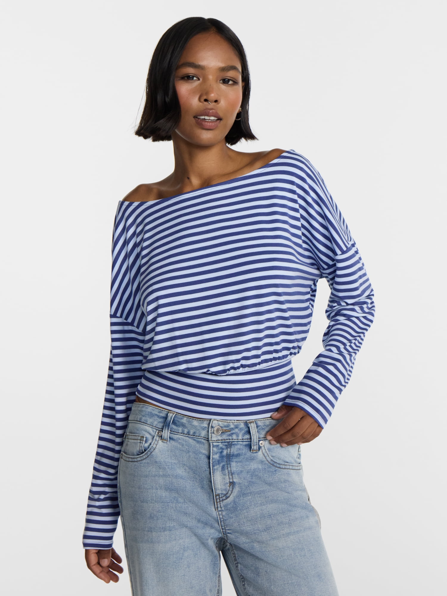 No Boundaries Banded Hem Top with Long Sleeves, Women's XXS-XXL