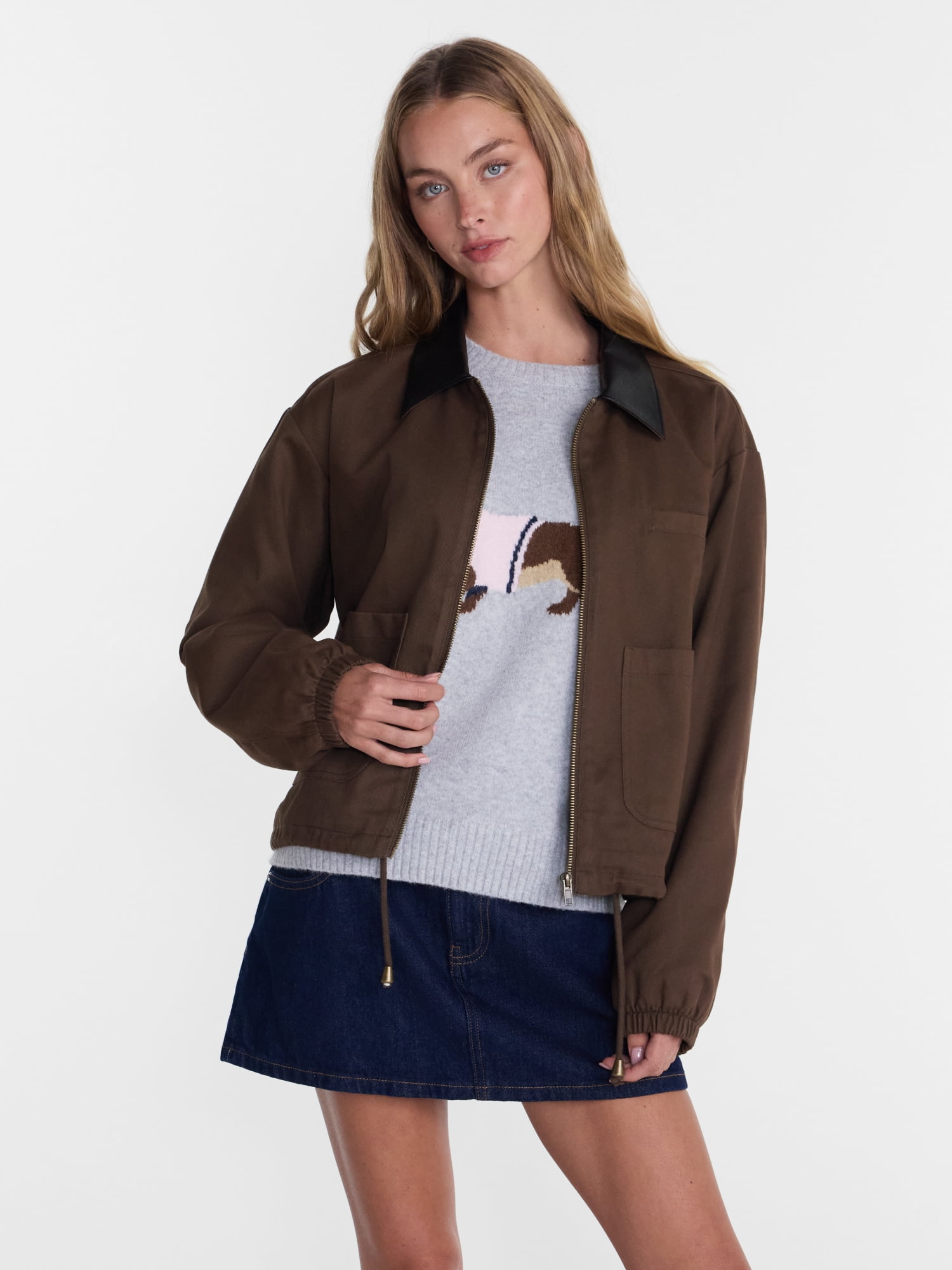 No Boundaries Cotton Twill Barn Jacket with Faux Leather Collar, Women's XXS-4X