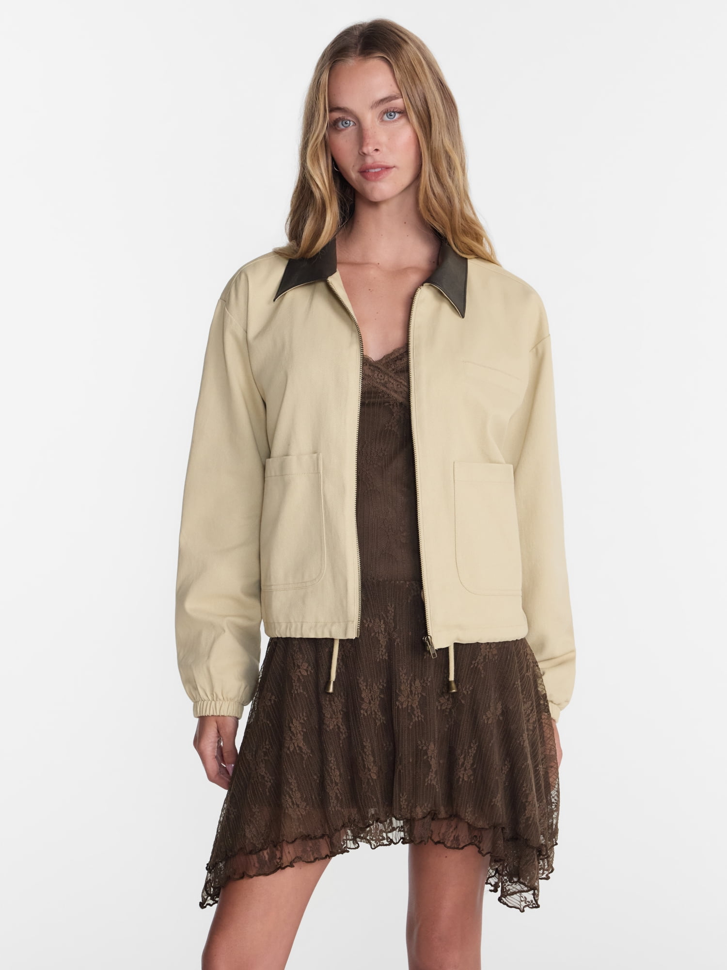 No Boundaries Cotton Twill Barn Jacket with Faux Leather Collar, Women's XXS-4X