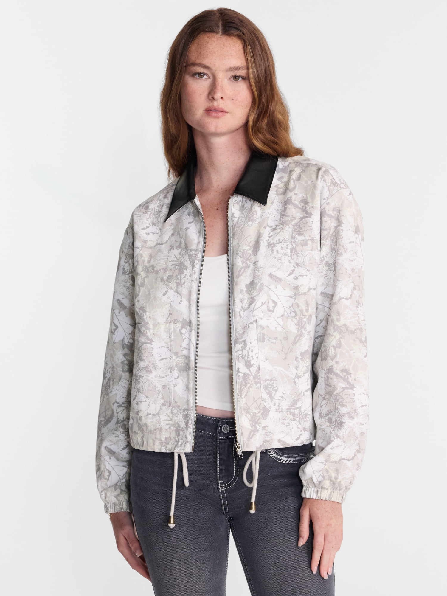 No Boundaries Cotton Twill Barn Jacket with Faux Leather Collar, Women's XXS-4X