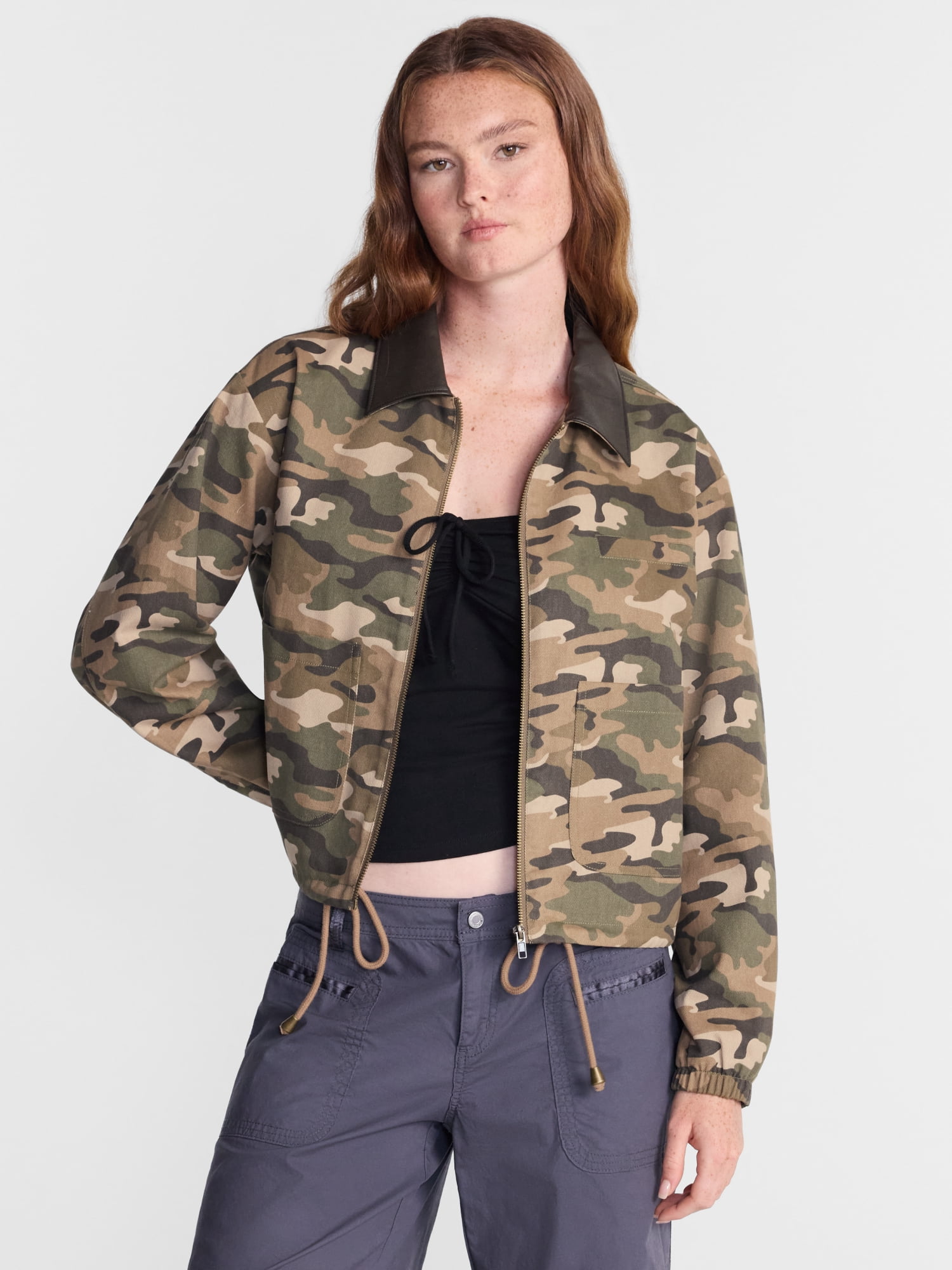 No Boundaries Cotton Twill Barn Jacket with Faux Leather Collar, Women's XXS-4X
