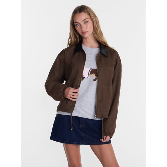 No Boundaries Cotton Twill Barn Jacket with Faux Leather Collar, Women's XXS-4X