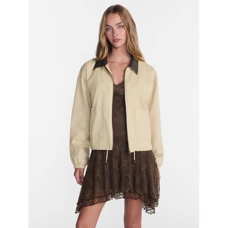 No Boundaries Cotton Twill Barn Jacket with Faux Leather Collar, Women's XXS-4X