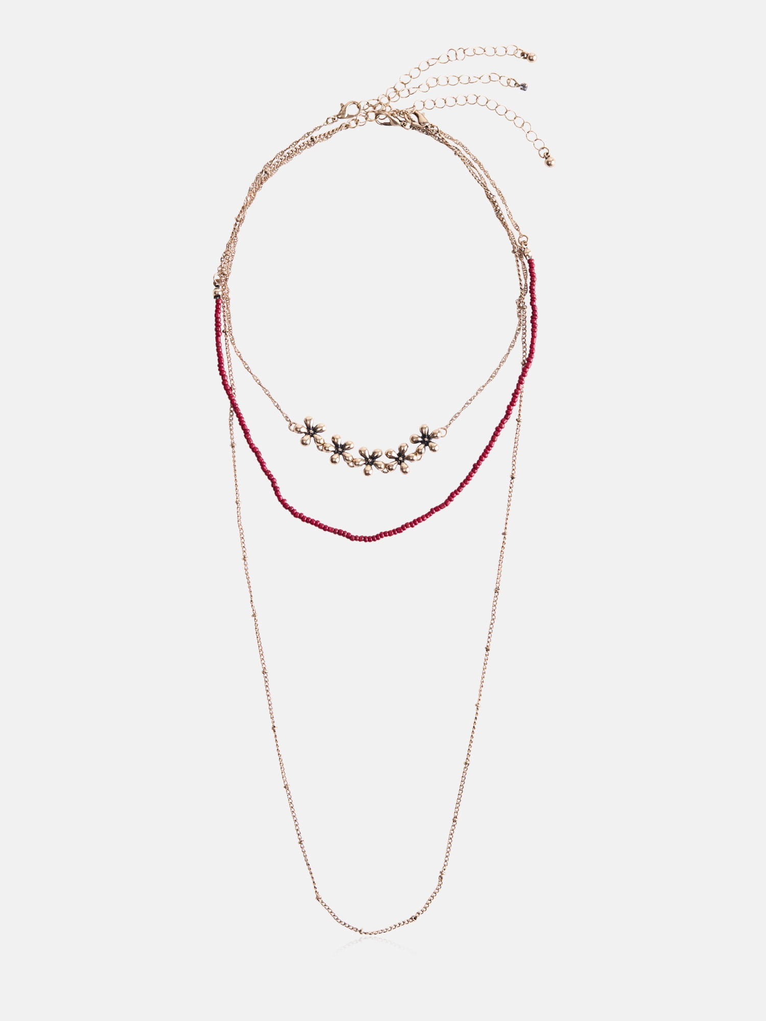 No Boundaries Women’s Beaded Flower Necklaces, Gold-Plated and Red, 3 Piece