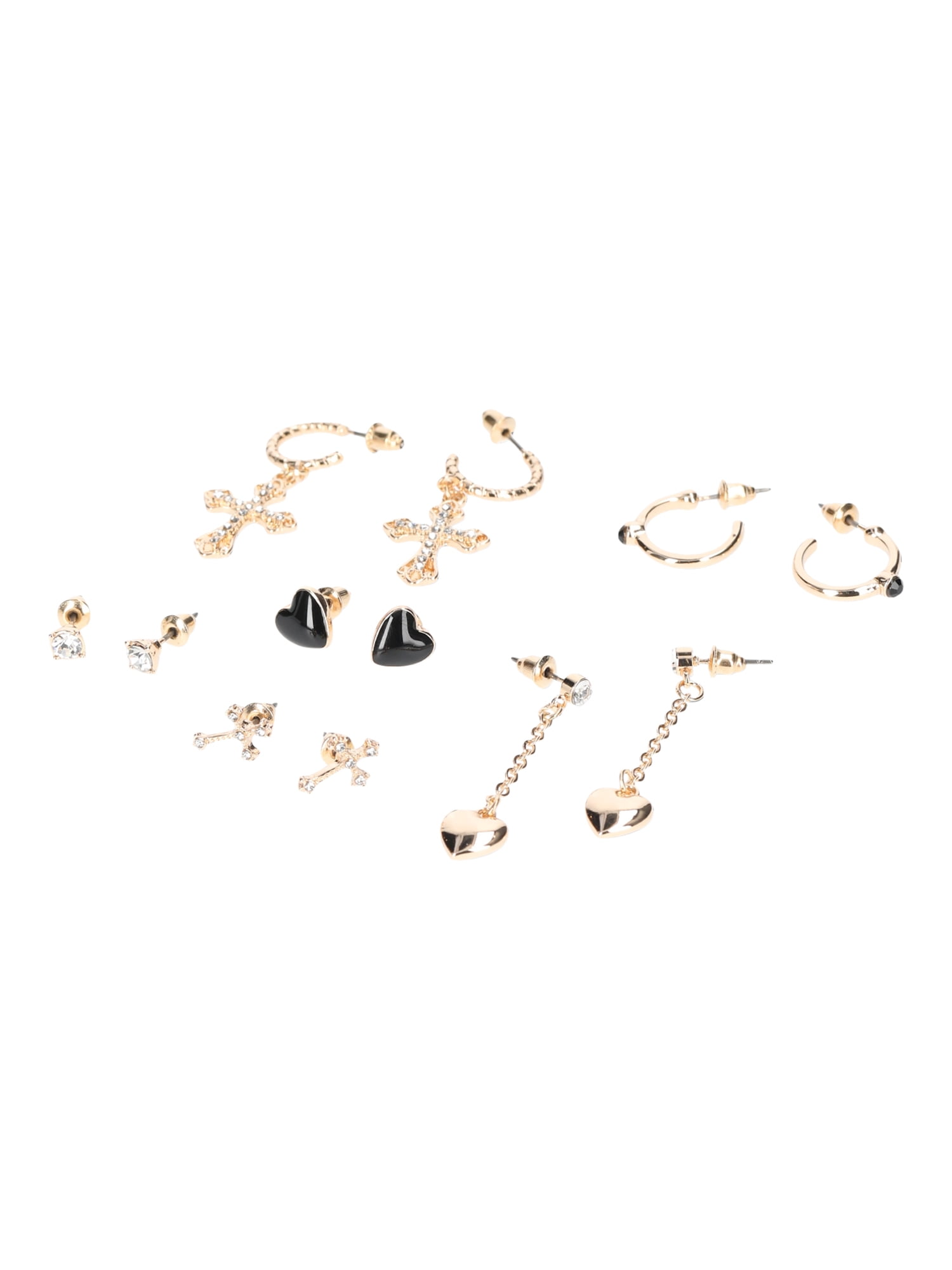 No Boundaries Black and Gold Heart and Cross Earrings, 6 Pack
