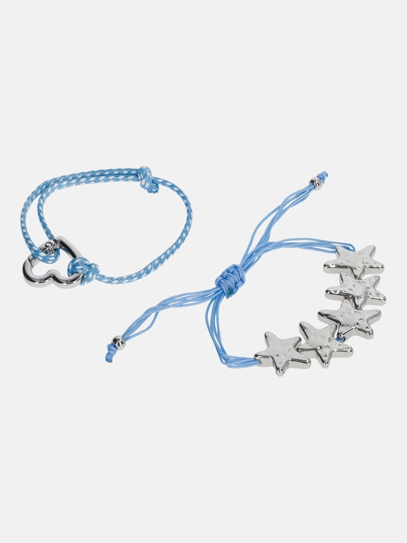 Silver-Tone Pull-Through Cord Hammered Star and Heart Bracelets, 2-Pack, Womens