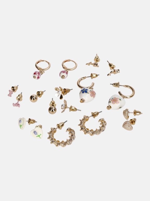 Assorted Flower, Hearts and Studs Earrings, 9-Pack, Womens