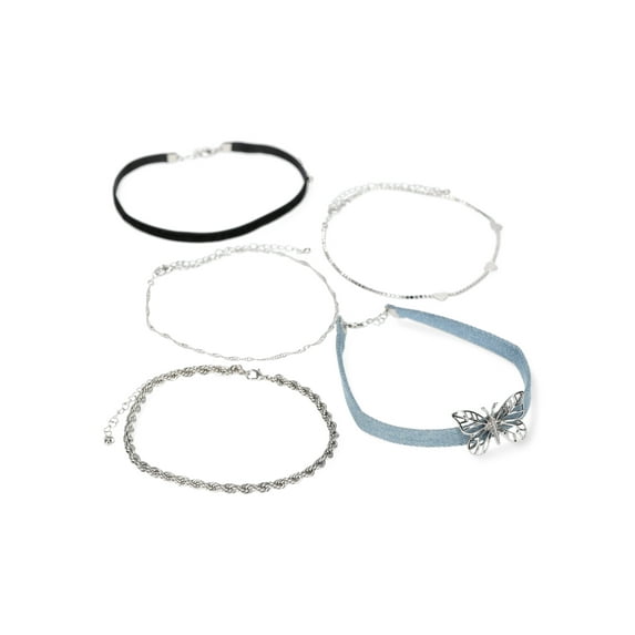 No Boundaries Blue with Butterfly, Black Fabric, Heart Silver Choker Set, 5 Pack