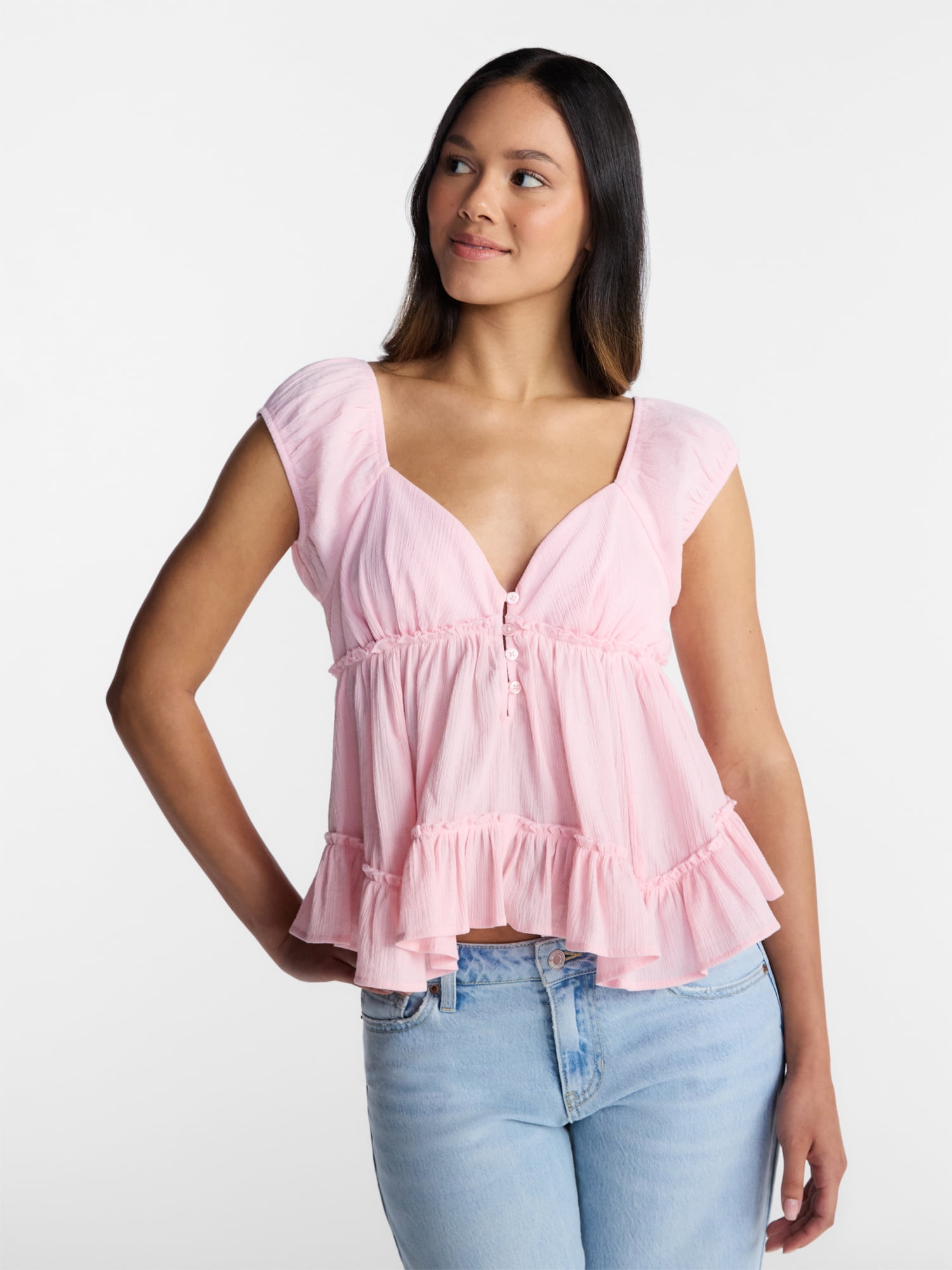 No Boundaries Boho Woven Babydoll Top, Women's XXS-XXL