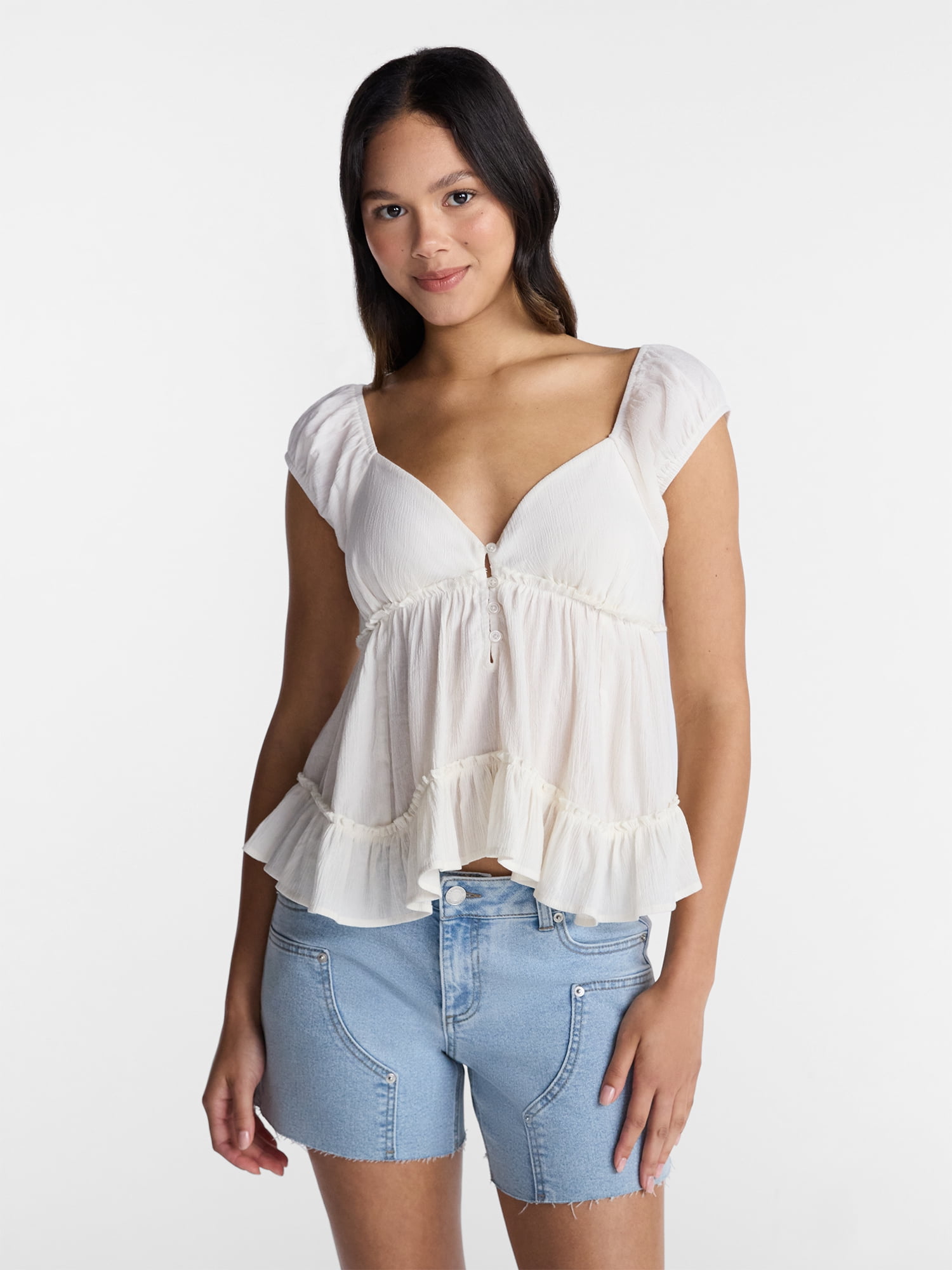 No Boundaries Boho Woven Babydoll Top, Women's XXS-XXL