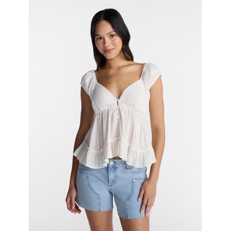No Boundaries Boho Woven Babydoll Top, Women's XXS-XXL