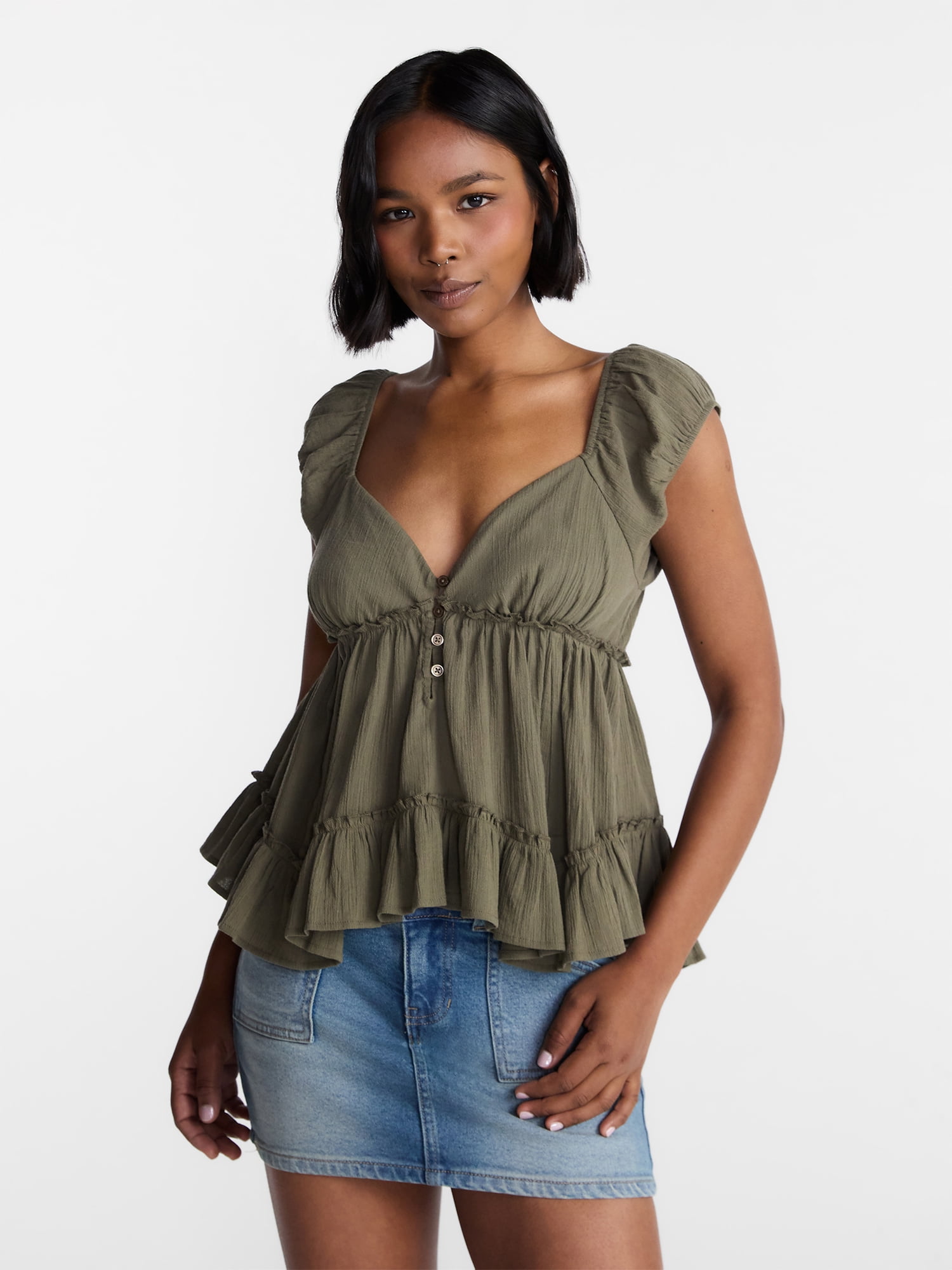 No Boundaries Boho Woven Babydoll Top, Women's XXS-XXL
