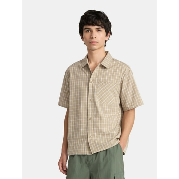 No Boundaries Boxy Button Down Shirt with Short Sleeves, Men's and Big Men's