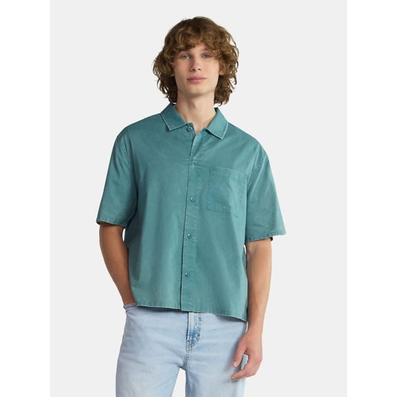 No Boundaries Boxy Button Down Shirt with Short Sleeves, Men's and Big Men's