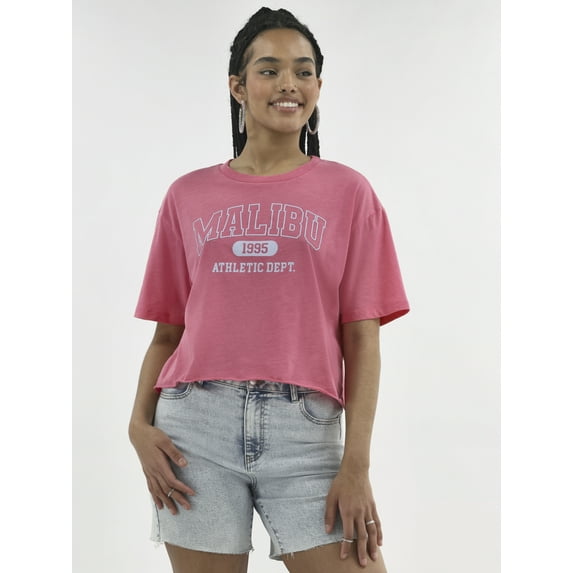 No Boundaries Boxy Cropped Graphic Tee with Short Sleeves, Women's