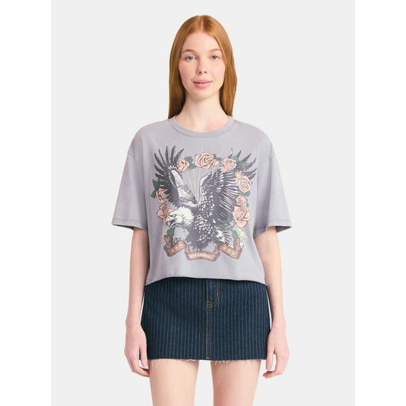 No Boundaries Boxy Cropped Graphic Tee with Short Sleeves, Women's