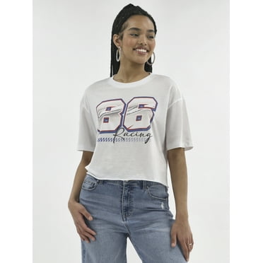 No Boundaries Boxy Cropped Graphic Tee with Short Sleeves, Women's