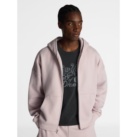 No Boundaries Boxy Oversized Fit Fleece Zip Hoodie Sweatshirt with Long Sleeves, Men's XS-4XLT