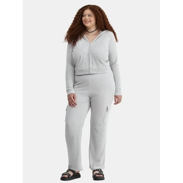 No Boundaries Brushed Rib Zip Front Hoodie and Flare Pants Set, 2-Piece, Women's Plus
