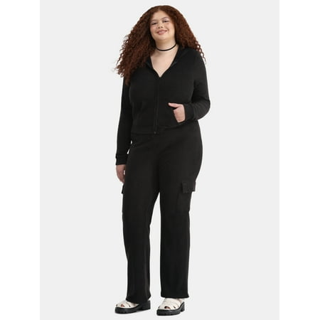 No Boundaries Brushed Rib Zip Front Hoodie and Flare Pants Set, 2-Piece, Women's Plus